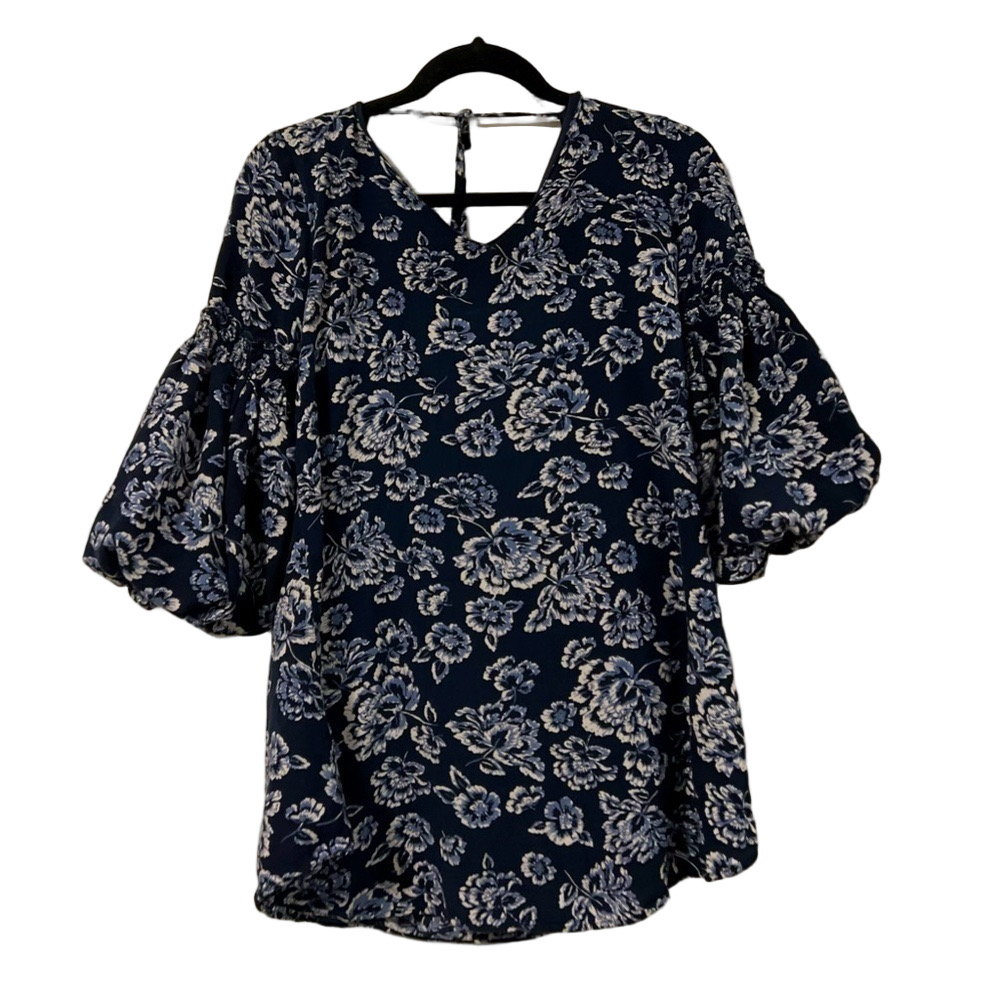 Available by Angela Fashion Womens Blue Floral Top With Billowing Sleeves - Picture 2 of 7